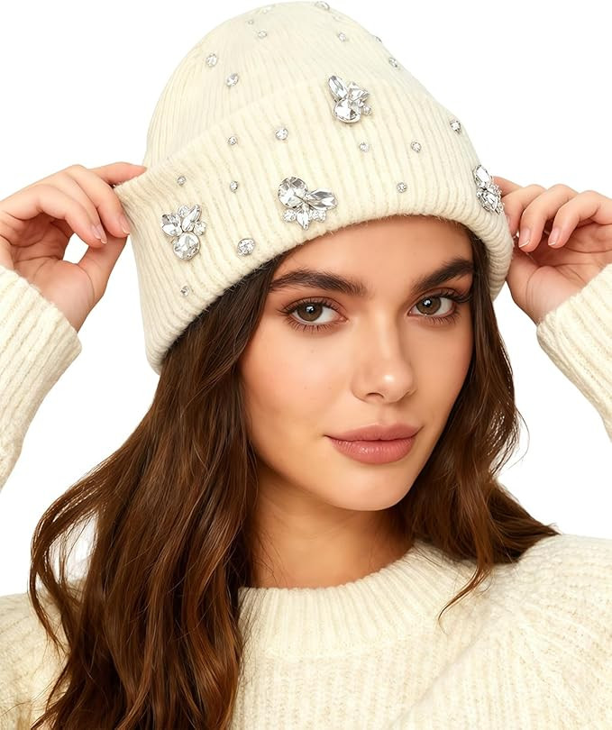 BOLLEY JOSS Womens Winter Beanies Sparkle Crystal Rhinestone Cuffed Knitted Beanie Hats | Amazon (US)