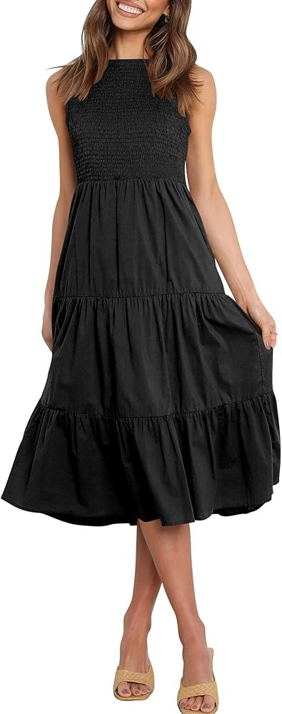 ANRABESS Women's Summer Sleeveless Smocked Sundress Elastic Waist Tiered Swing A Line Beach Midi ... | Amazon (US)