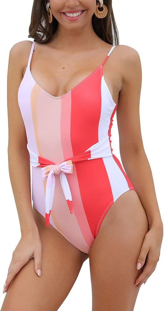 Womens One Piece Bathing Suits Cute Swimsuit Striped Tie Knot High Cut Cheeky Swimwear | Amazon (US)