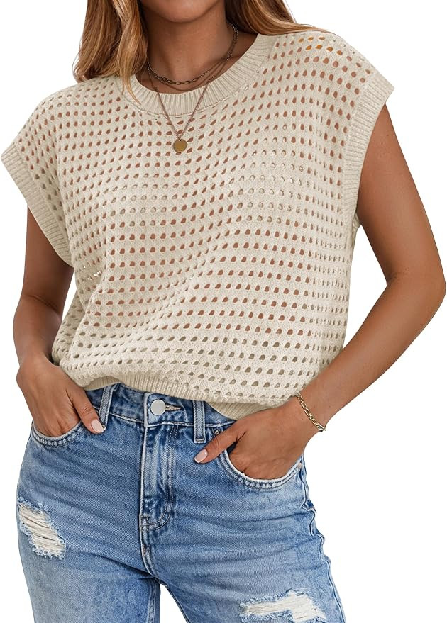 Zeagoo Womens Summer Crochet Tops Cap Sleeve Hollow Pullover Sweater Vest | Crew Neck Loose Fit K... | Amazon (US)