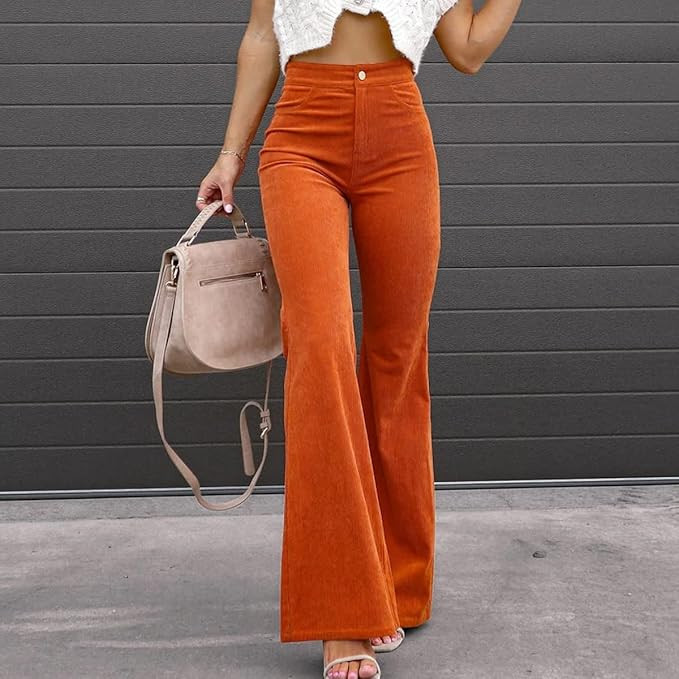 ThusFar Women's High-Waisted Corduroy Flare Pants Vintage Solid Bell Bottom Trousers | Amazon (US)
