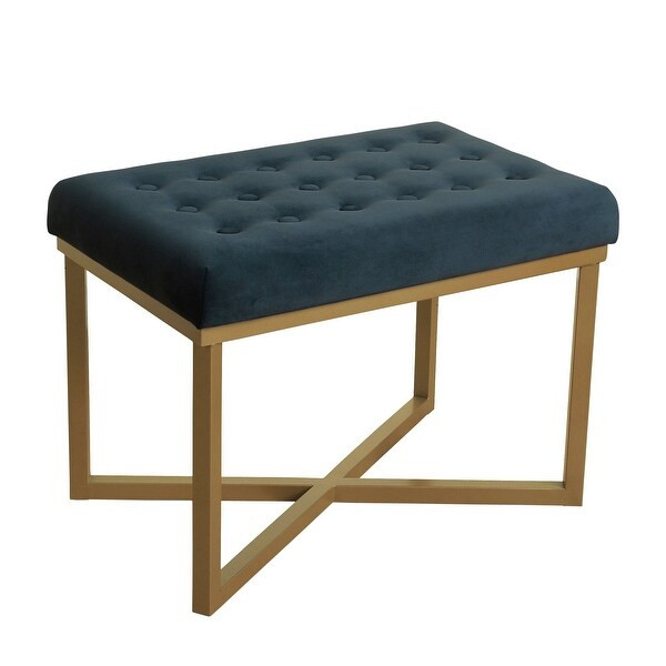Silver Orchid Pugo Rectangular Ottoman with Midnight Velvet Tufted Cushion and Gold Metal X Base | Bed Bath & Beyond