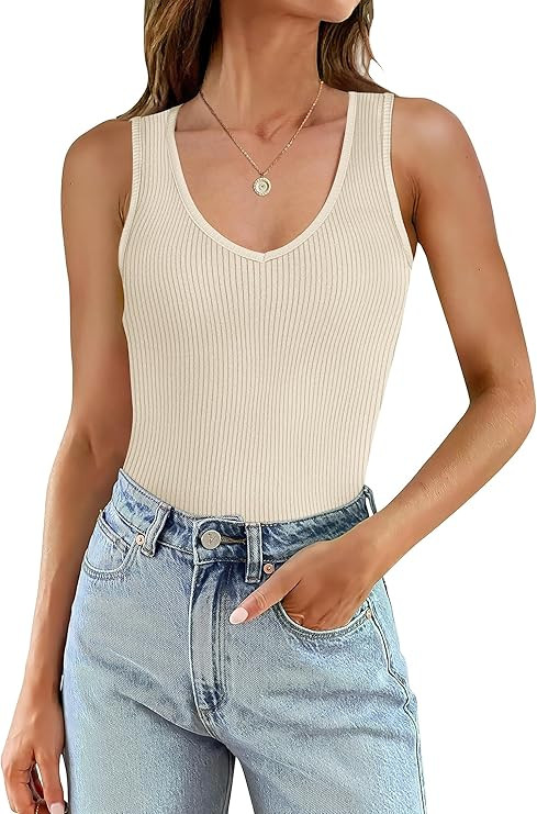 WIHOLL Womens Ribbed Tank Tops 2024 Summer V Neck Slim Fitted Tops Casual Basic Knit Sleeveless S... | Amazon (US)