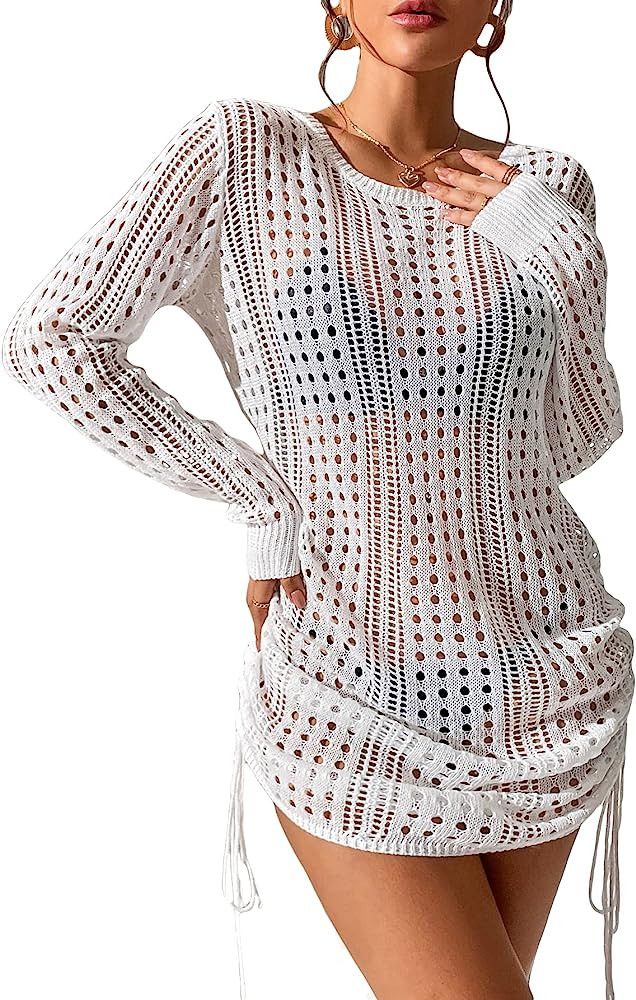 MakeMeChic Women's Crochet Cover Up Tie Back Drawstring Beach Swimsuit Knit Cover Up | Amazon (US)