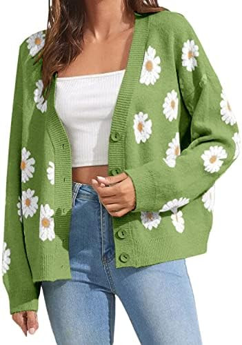 Women's Floral Print Cardigan Long Sleeve Open Front Button Down V Neck Knitted Sweaters | Amazon (US)