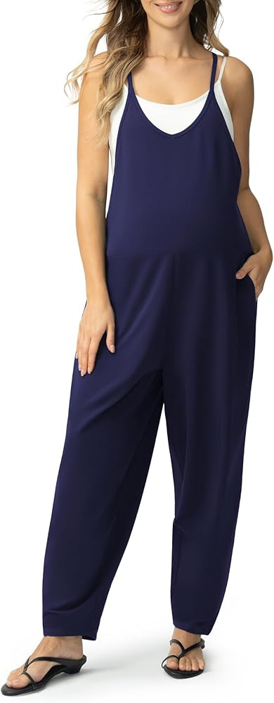 POSHDIVAH Women's Maternity Jumpsuit Pregnancy Casual Romper Spaghetti Strap Tank Top Baggy Pants... | Amazon (US)