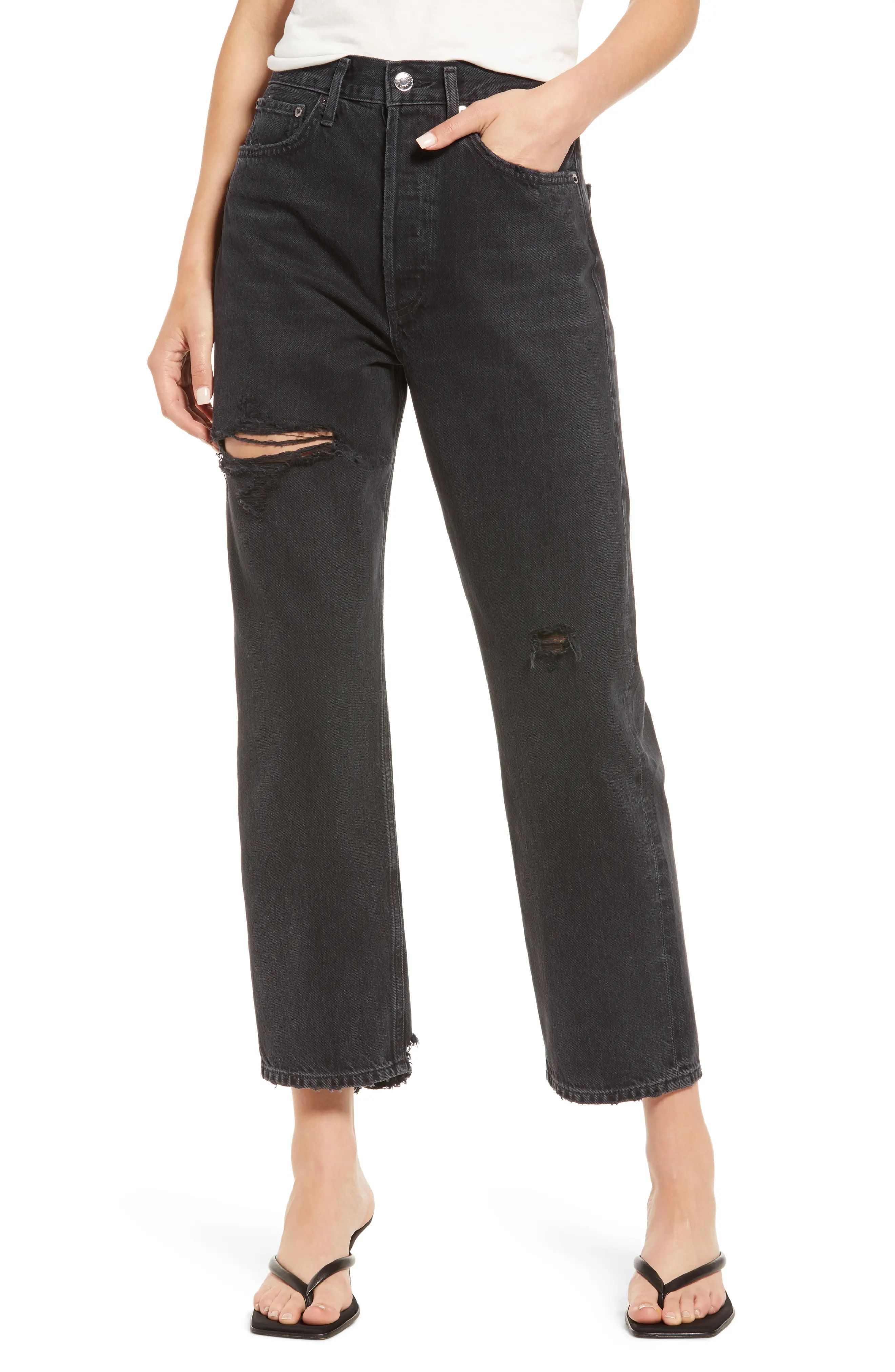 AGOLDE '90s Ripped Super High Waist Crop Straight Leg Jeans in Shutter at Nordstrom, Size 27 | Nordstrom