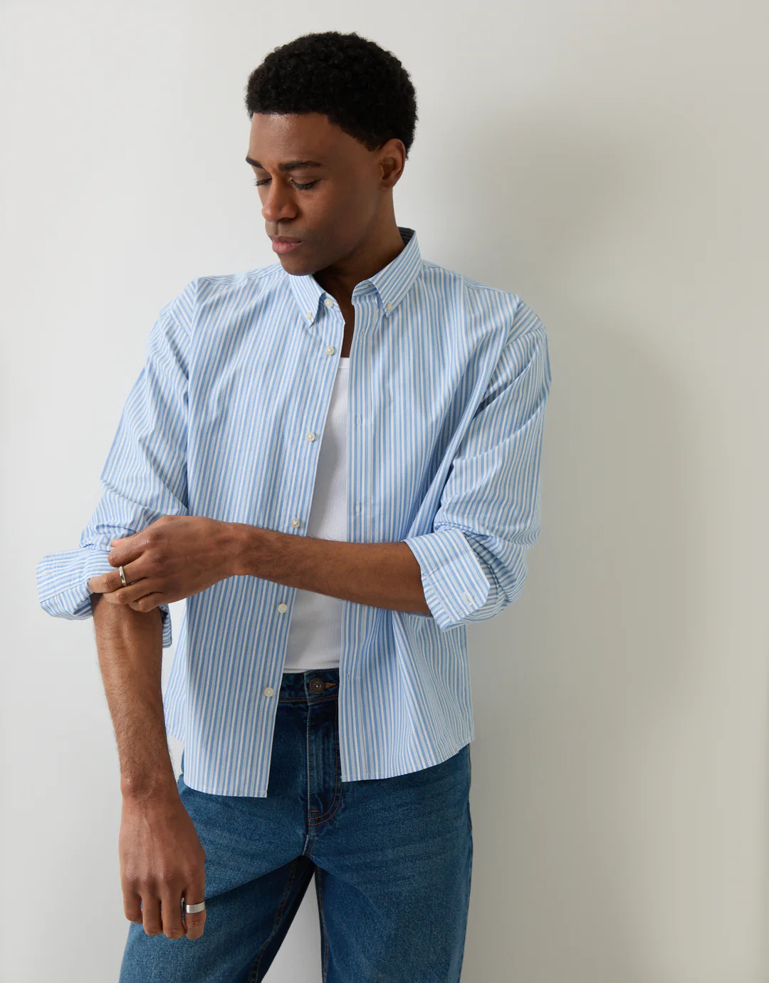Cropped Fit Cotton Poplin Shirt in Blue Stripe | Threadbare UK