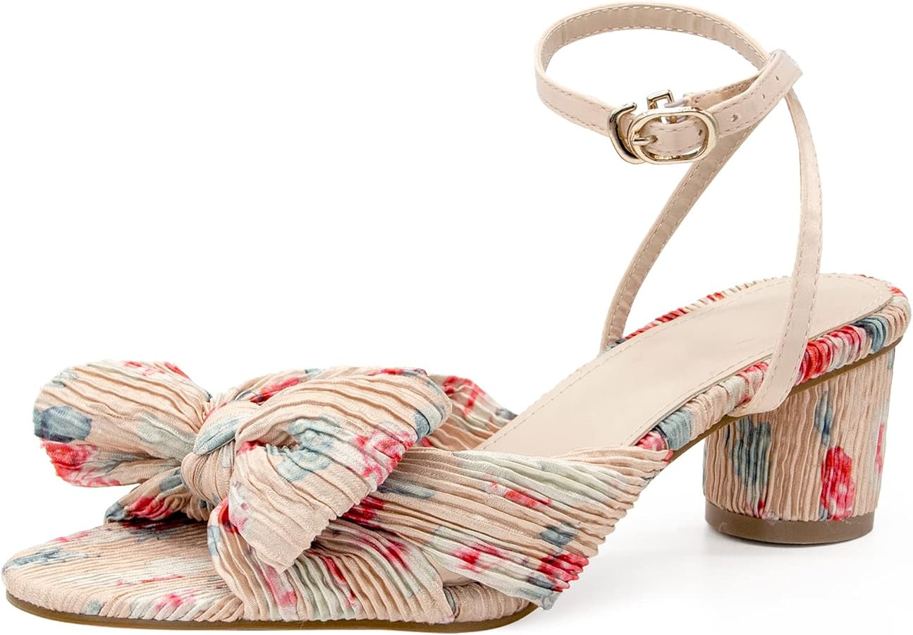 MUCCCUTE Women's Bow Knot Heeled Sandals Ankle Buckle Strap Chunky Heeled Open-toe Comfortable We... | Amazon (US)