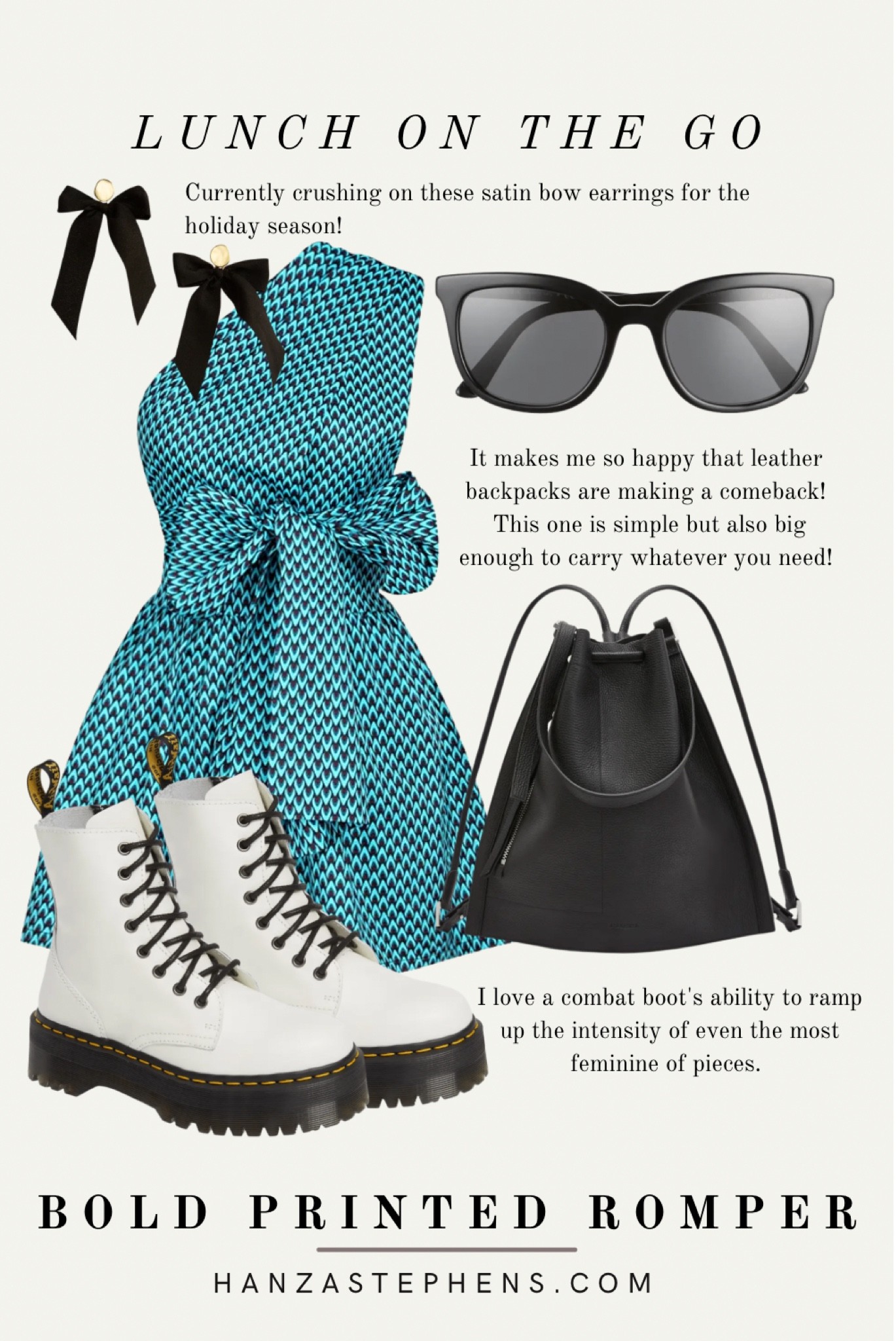 Styling a boldly printed romper four ways! Love this edgy twist to this outfit with the leather backpack and the satin bow earrings! 

#LTKstyletip #LTKSeasonal