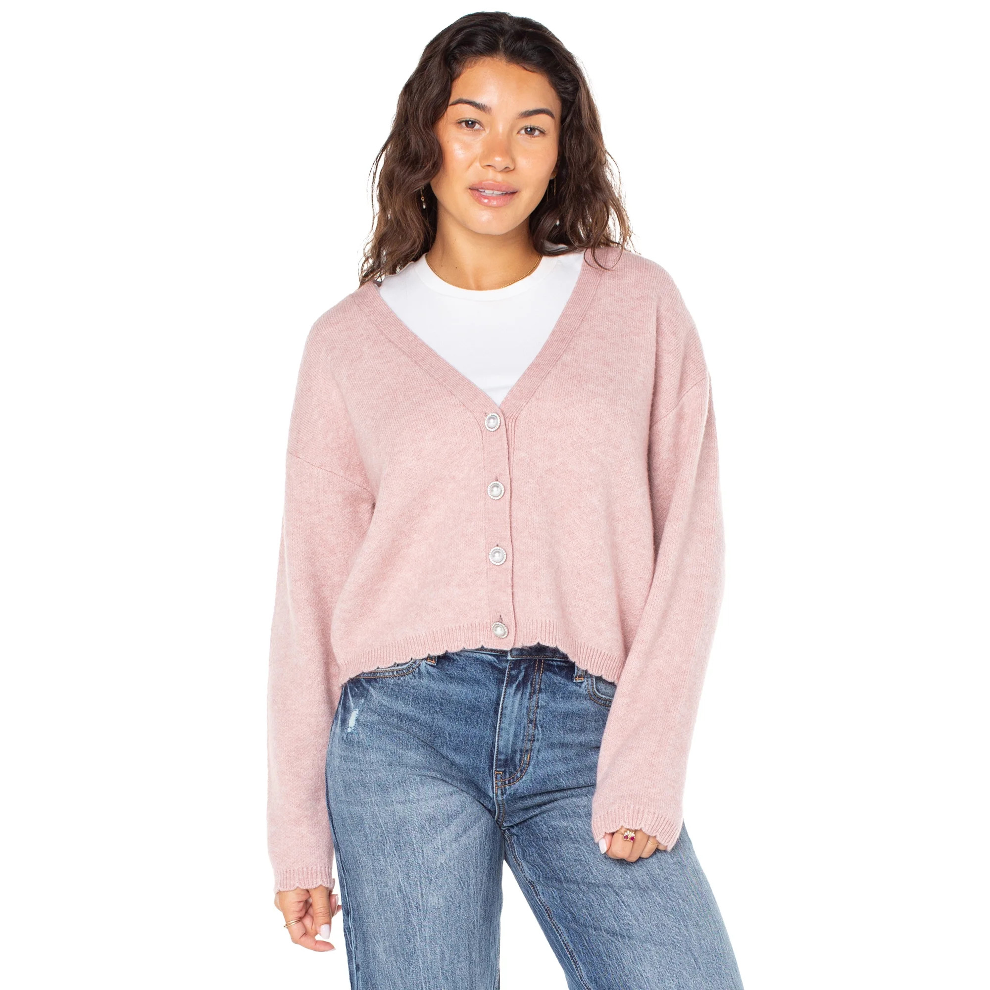 Celebrity Pink Women's Scalloped Hem Jewel Button Cardigan Sweater with Long Sleeves, Sizes XS-XX... | Walmart (US)