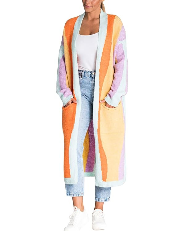 chouyatou Women's Fall Open Front Color Block Long Cardigan Sweater Coat Casual Vertical Striped ... | Amazon (US)