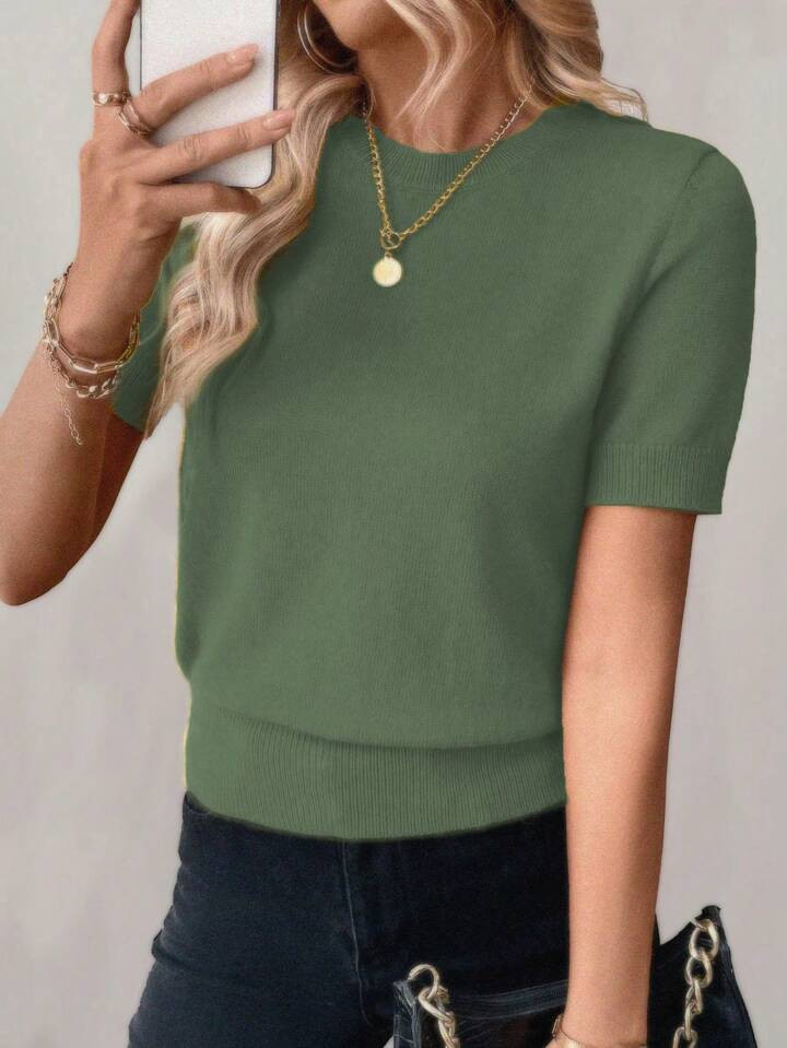 RosyDaze Women Plain Round Neck Short Sleeve Minimalist Knit Top, Casual Everyday Wear | SHEIN