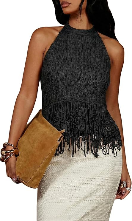SweatyRocks Women's Boho Fringe Halter Tops Sleeveless Open Back Summer Knit Crochet Tank Top | Amazon (US)