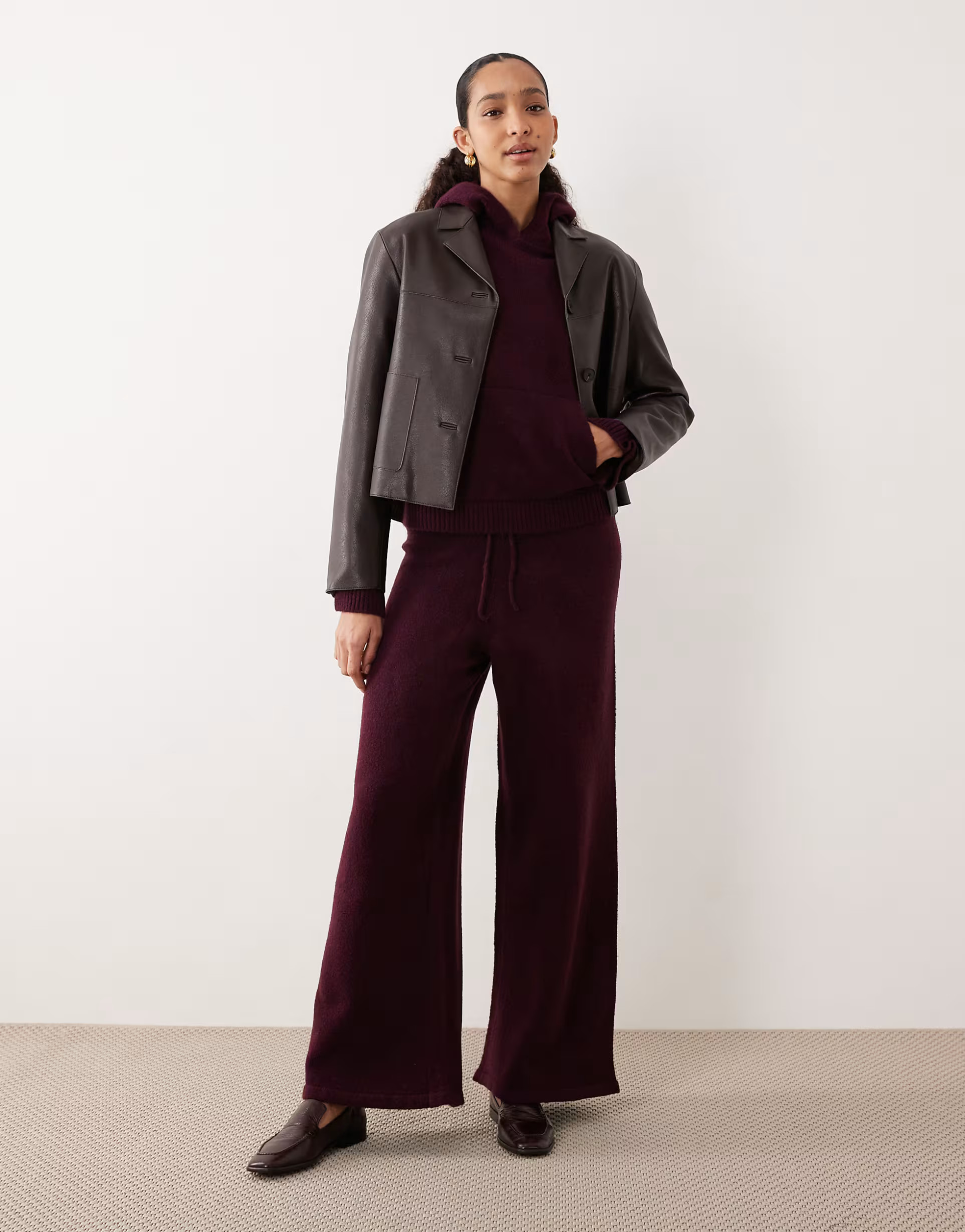 ASOS DESIGN fluffy knitted wide leg trousers co-ord in plum | ASOS (Global)