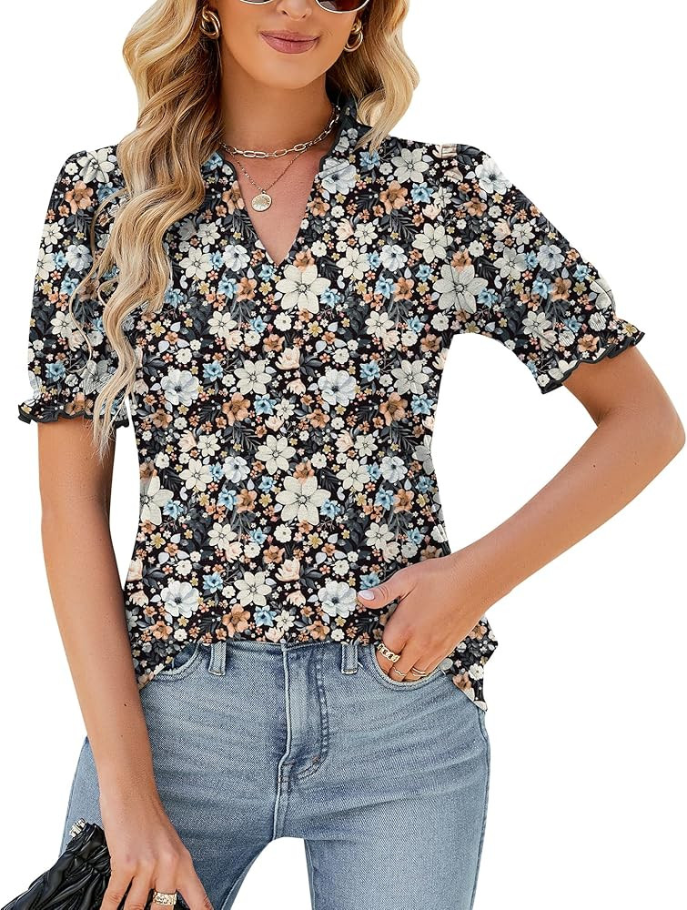 LOMON Women's Puff Sleeve Ruffle V Neck Top Blouse Shirt | Amazon (US)