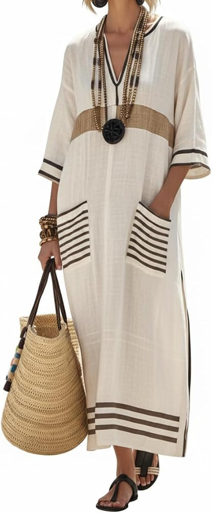 Akivide Women's Loose Beach Kaftan Maxi Dresses Summer Boho Vacation Caftan Dress with Pockets Sw... | Amazon (US)