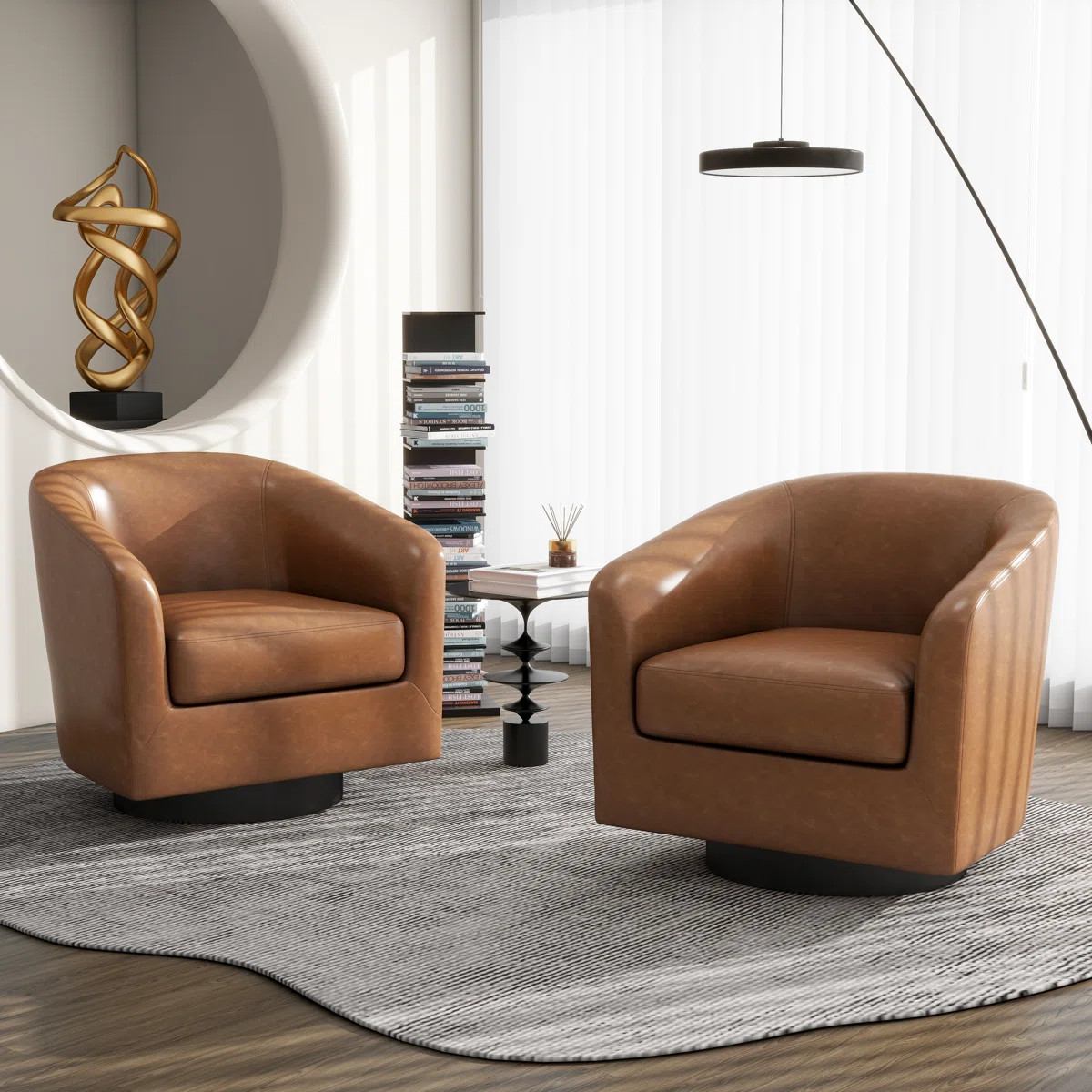 Applewold Upholstered Brown Faux Leather Swivel Barrel Chair with Solid Wood Base (Set of 2) | Wayfair North America