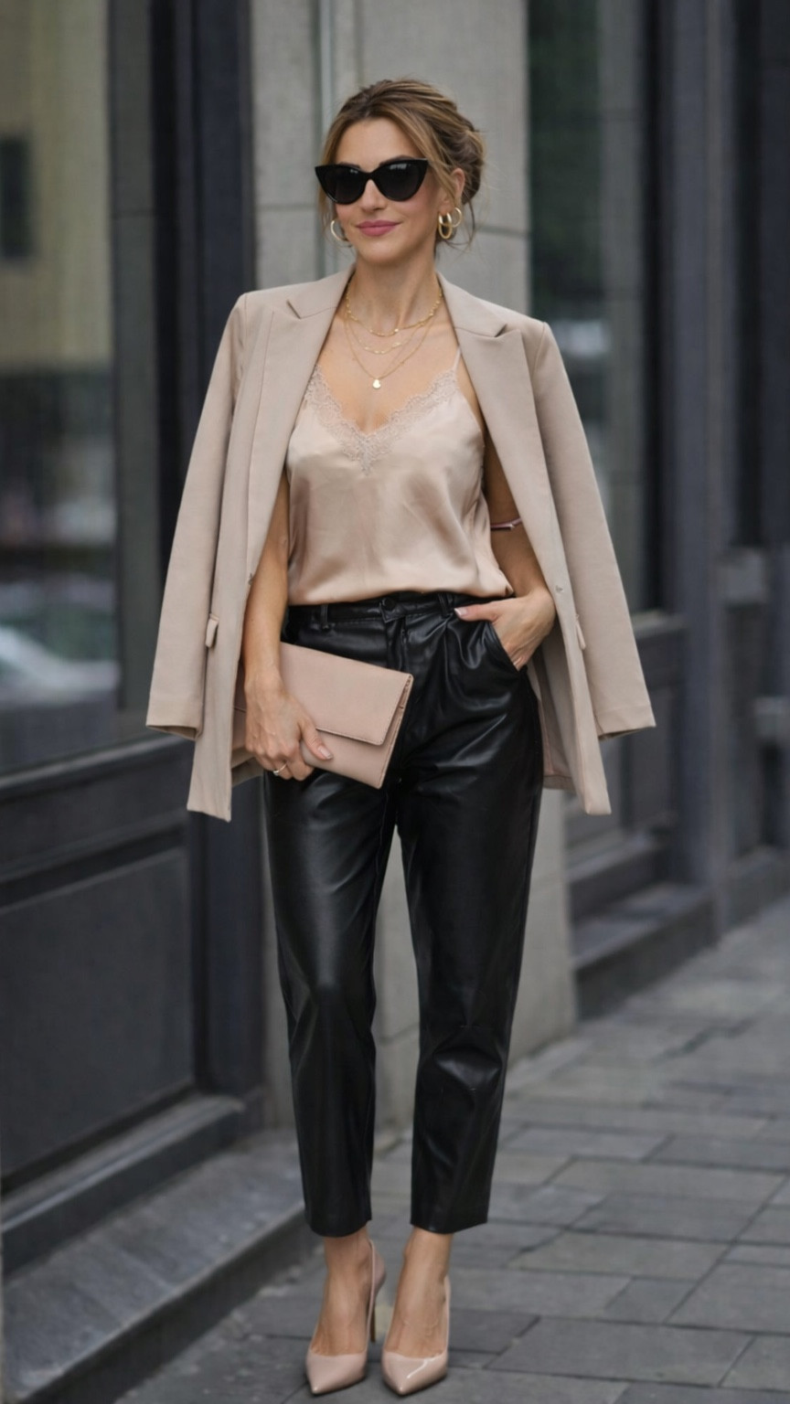 Neutrals + leather = timeless elegance 🤎🖤

This beige blazer draped over a silk cami with black leather pants is the formula for effortless sophistication. The monochromatic palette keeps it clean, the leather adds edge, and those nude pumps? Chef’s kiss.

Perfect for meetings, lunch dates, or literally any occasion that requires looking polished without trying too hard.

Shop the look 👆

#LTKstyletip #LTKworkwear #LTKover40 #LTKshoecrush #LTKitbag

#LTKdayinmylife #LTKPlusSize #LTKSaleAlert