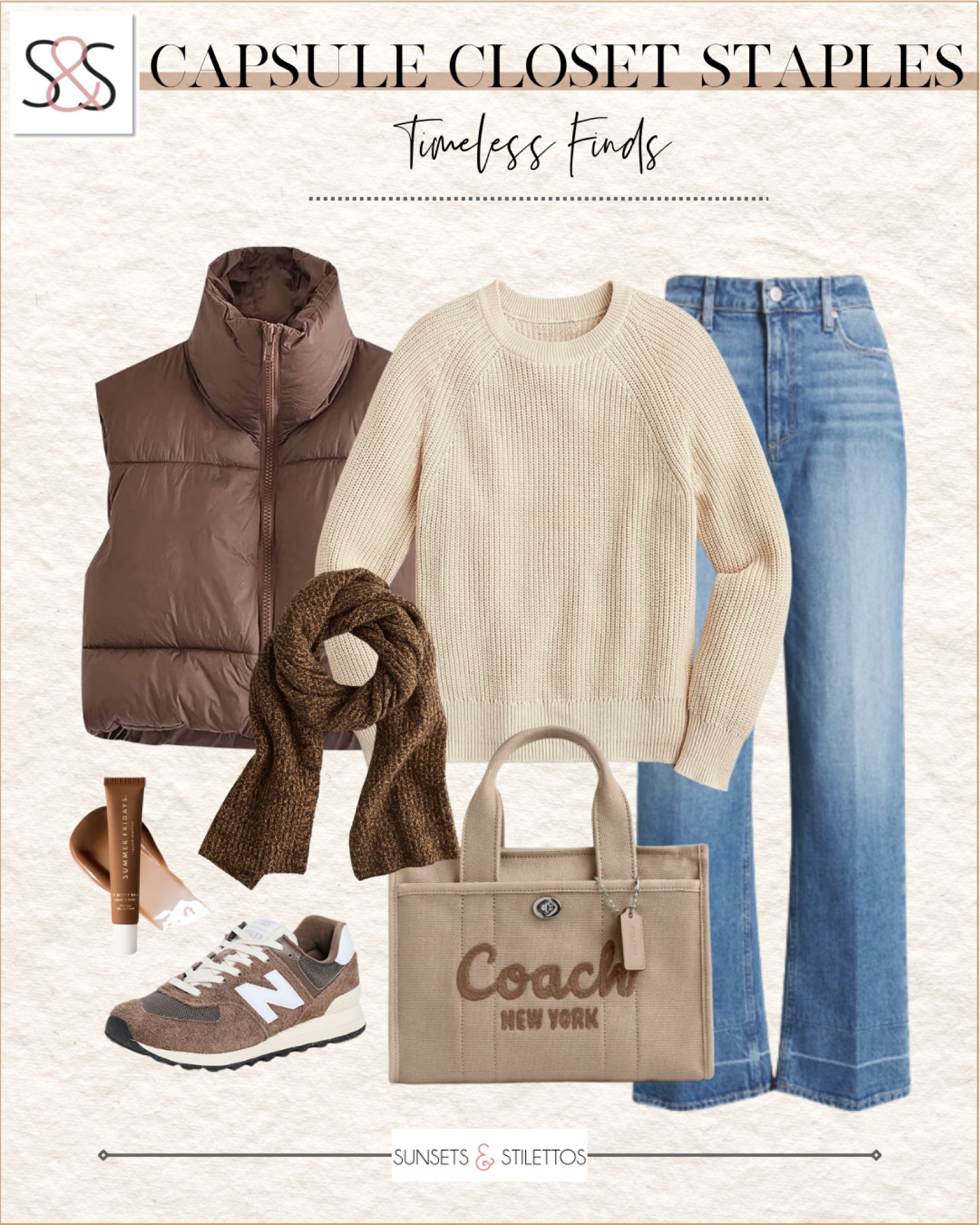 Layered essentials for building the perfect capsule wardrobe. A neutral knit sweater, puffer vest, and classic sneakers pair beautifully with versatile denim and cozy accessories.

Sunsets and Stilettos wardrobe picks  versatile sweaters, puffer vests, New Balance sneakers

#LTKOver40 #LTKFindsUnder50 #LTKActive