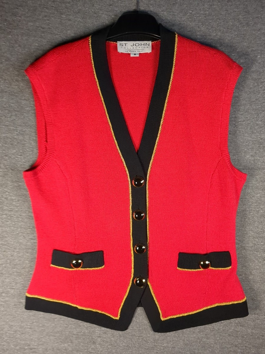 St John Collection Sweater Vest Womens Medium Red Gold Accents Cardigan Made USA | eBay | eBay US