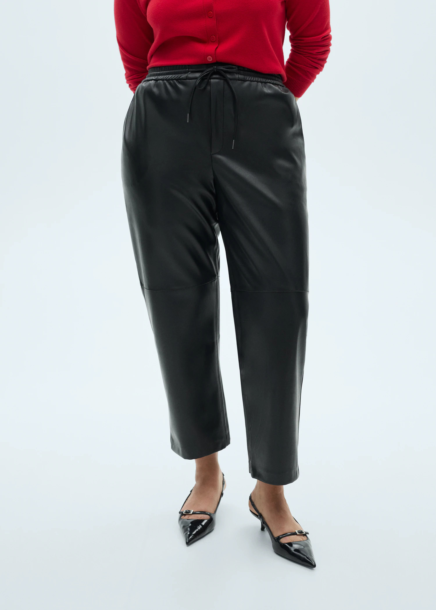 Leather-effect elastic waist trousers - Women | MANGO United Kingdom | MANGO (UK)
