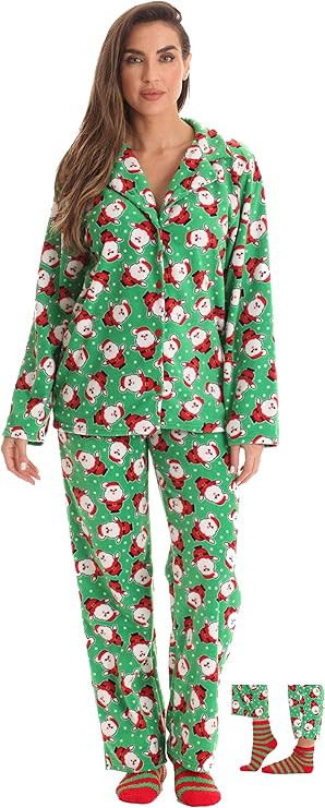 #followme Printed Microfleece Button Front PJ Pant Set with Socks | Amazon (US)