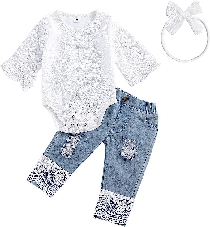 koramesis Baby Girl Clothes Set Toddler Ruffle Sleeve Lace Floral Romper with Denim Jeans Pants O... | Amazon (US)