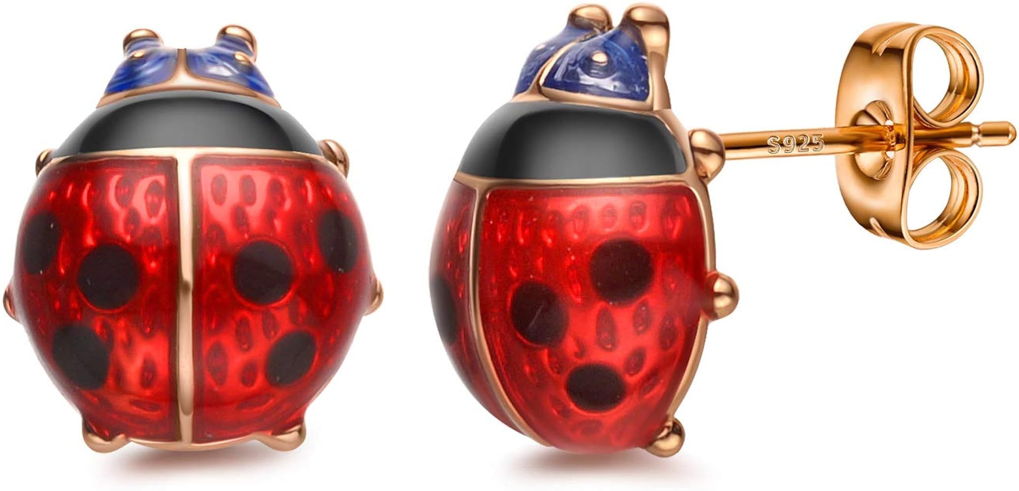 Stud Earrings, Red Ladybug Black Spots 18K Gold Plated 925 Sterling Silver Post Rose Flower Stud ... | Amazon (US)
