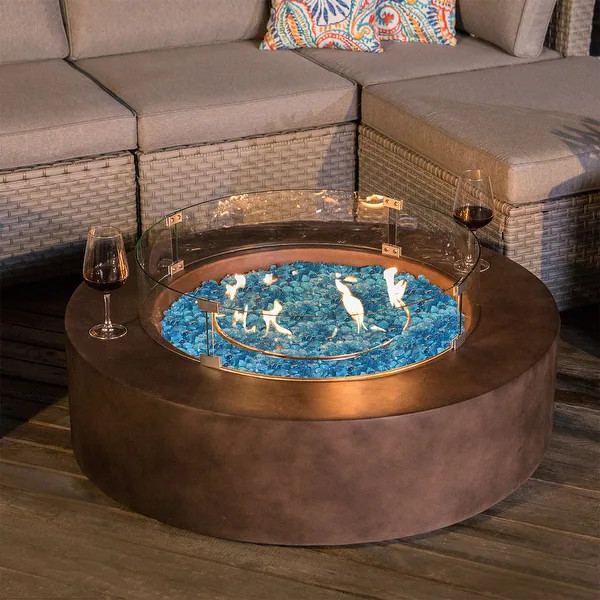 COSIEST 42'' Outdoor Round Propane Fire Pit w Wind Guard and Fire Glass - Brown + Aqua blue fire ... | Bed Bath & Beyond