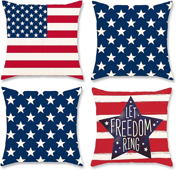 4th of July Decorations Pillow Covers 18x18 inch Set of 4 Independence Day Patriotic Throw Pillow... | Amazon (US)