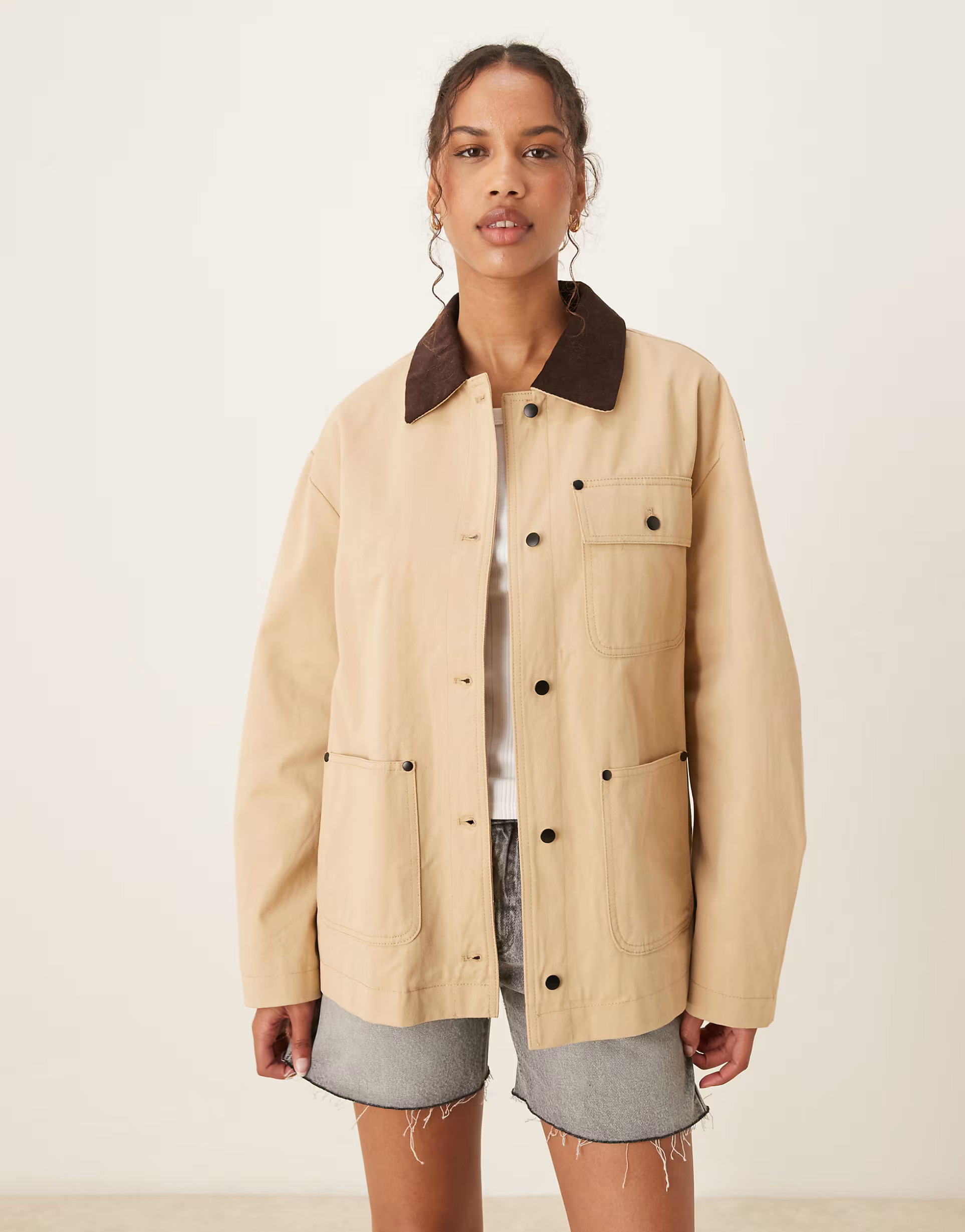 ASOS DESIGN clean cord collar barn jacket in stone | ASOS | ASOS (Global)