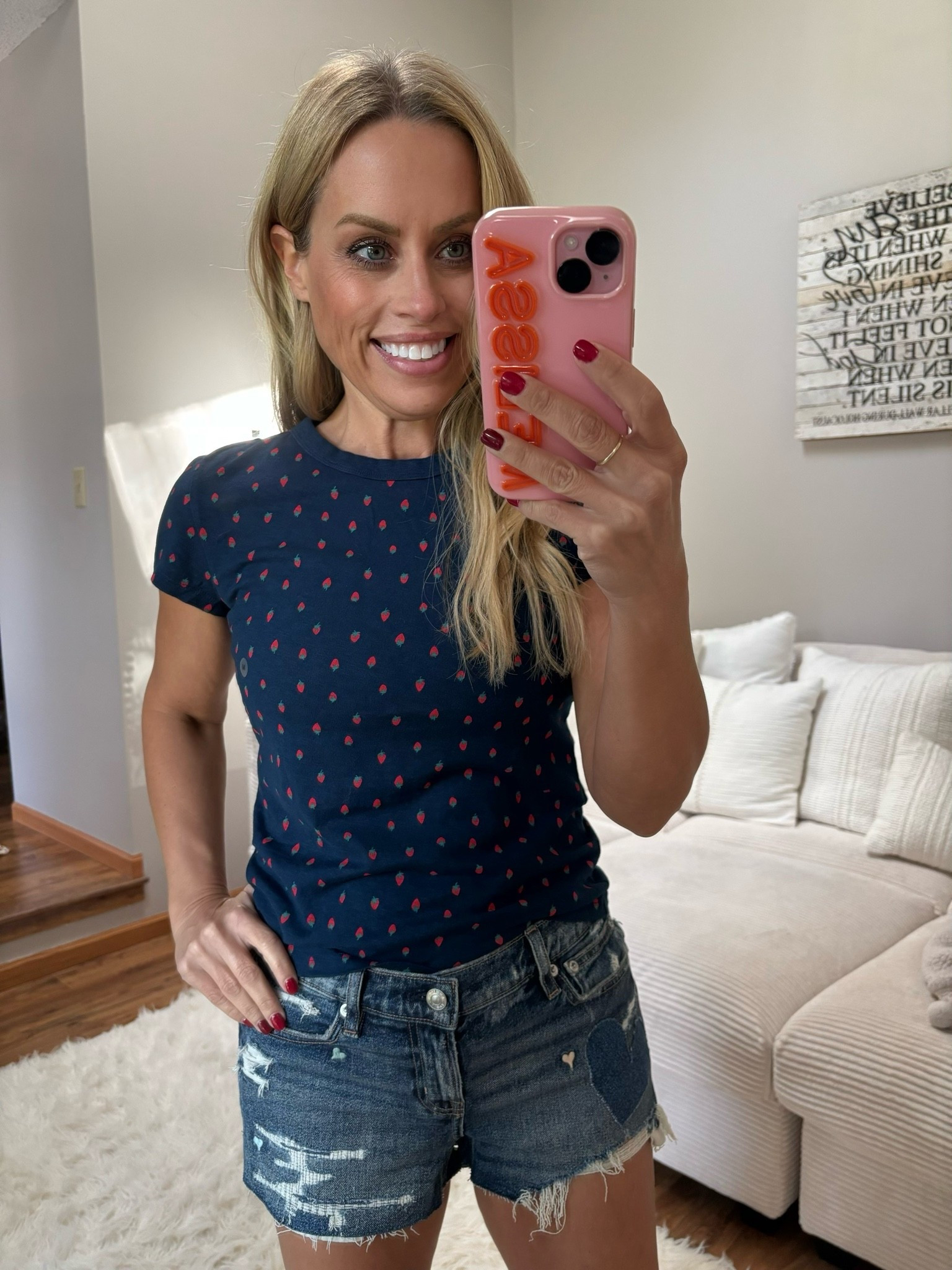 This tee from AE is adorable! 🍓 And.. it’s 50% off, $9.99!! And I’m absolutely LOVING these shorts - 70% off so if you see your size, grab them! I sized up one in the tee, shorts are TTS. #ad

#LTKOver40 #LTKootd #LTKmomlife
