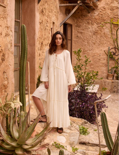 White Tie Front Balloon Sleeve Tiered Adley Midi Dress | Nobody's Child