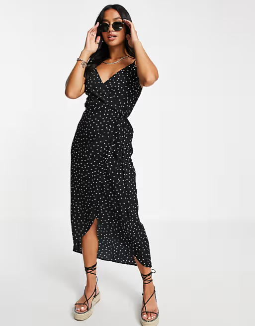 ASOS DESIGN Petite cami wrap maxi dress in black polka dot | ASOS (Global)