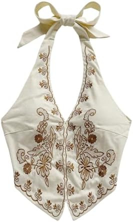 OYOANGLE Women's Floral Boho Summer Halter Crop Tops Embroidery Vacation Tank Top Tie Backless Vi... | Amazon (US)
