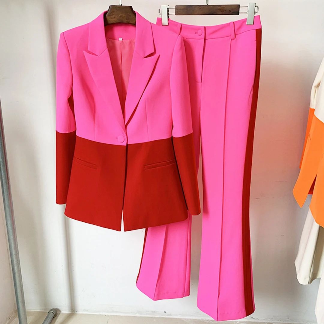 Women Hot Pink Light Beige Red Orange Colour- Blocked Crash Blazer + Mid-High Rise Flare Trousers... | Etsy (US)