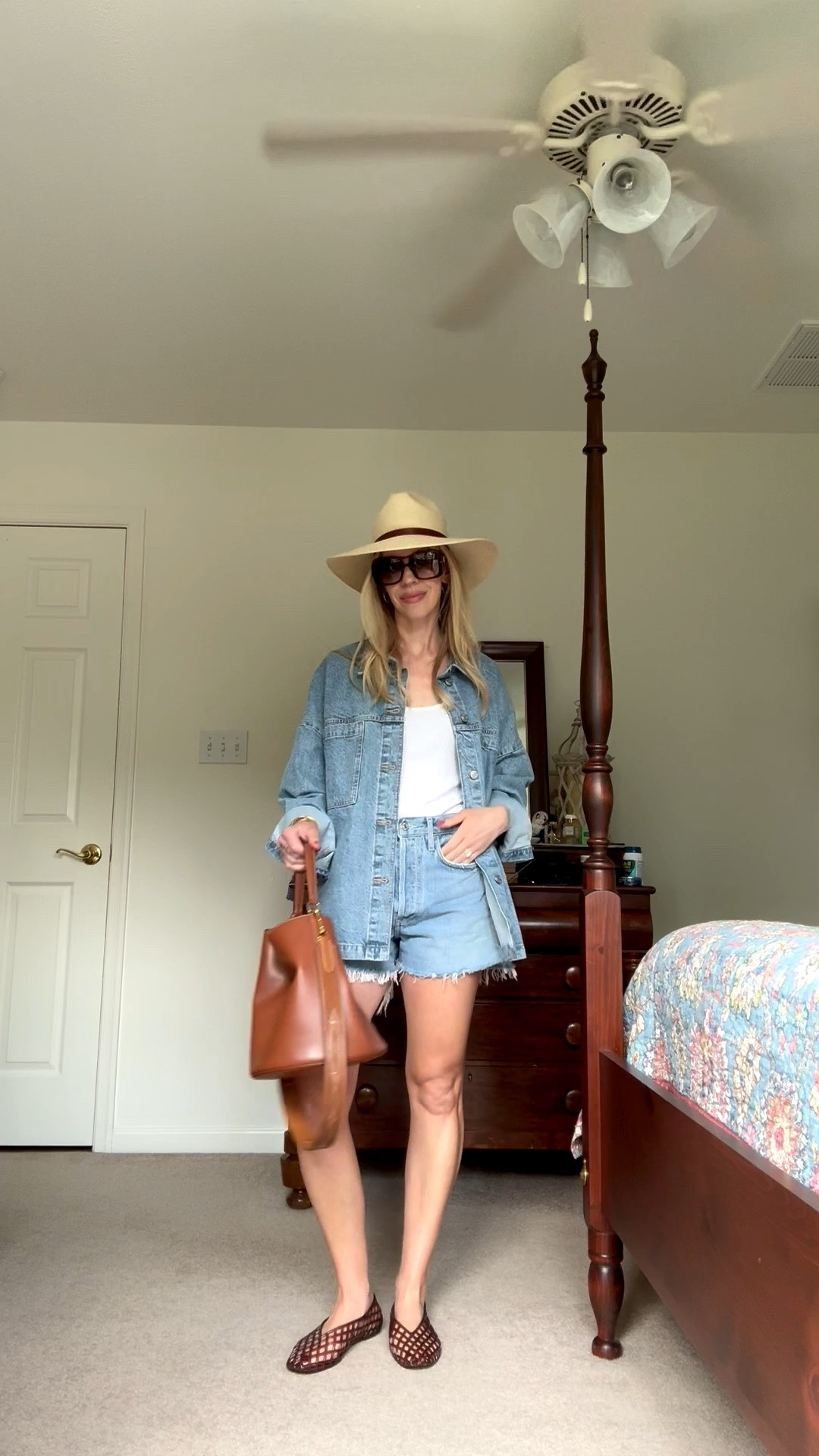 All denim summer outfit, denim on denim, over 40 summer outfit, oversized denim shirt, cutoff denim shorts, jelly shoes

#LTKOver40 #LTKSeasonal #LTKgrwm