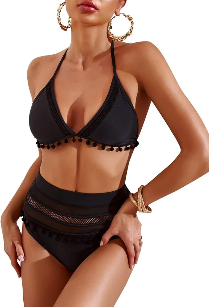 Bdcoco Women's High Waist Two Pieces Bikini Set Halter Straps Tassel Swimsuit | Amazon (US)