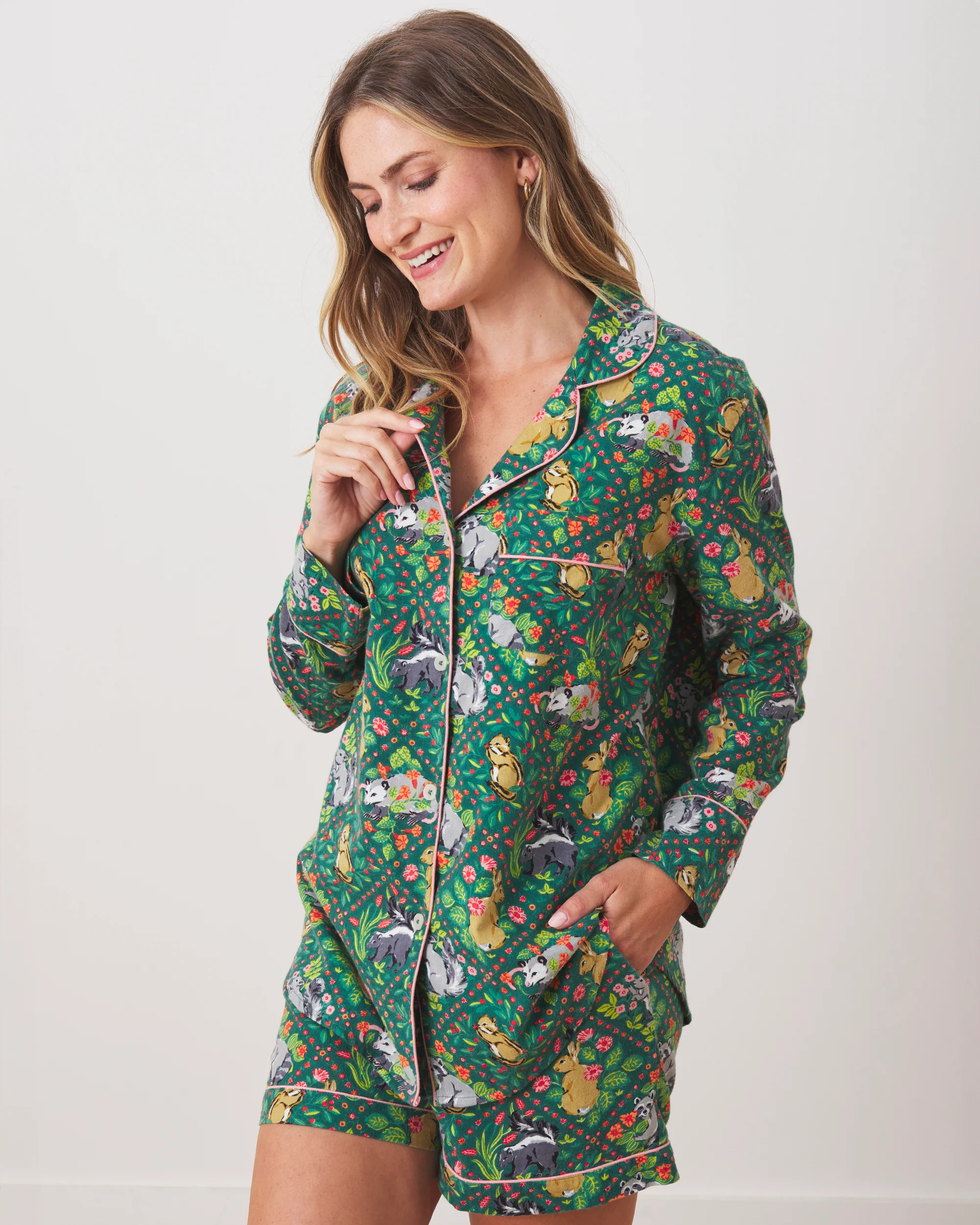 Woodland Critters - Flannel Long Sleeve Top & Shorts Set - Fern | Printfresh