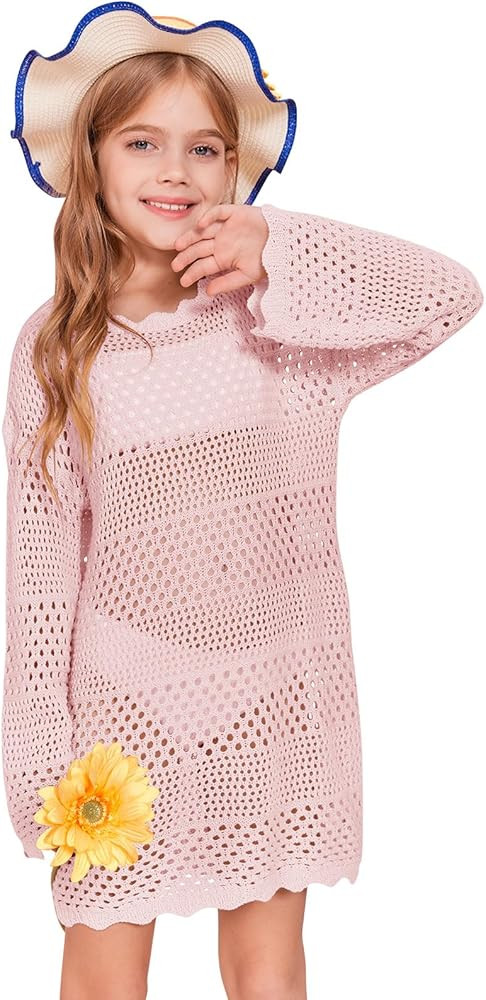 Batermoon Girls Crochet Long Sleeve Swimsuit Cover Up Kids Fashion Hollow Out Swimwear Beach Dres... | Amazon (US)