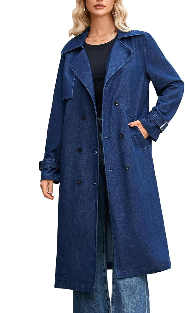 Ladyful Long Denim Jacket Trench Coat Double Breasted Lapel Jean Jacket Oversized Windproof Overc... | Amazon (US)