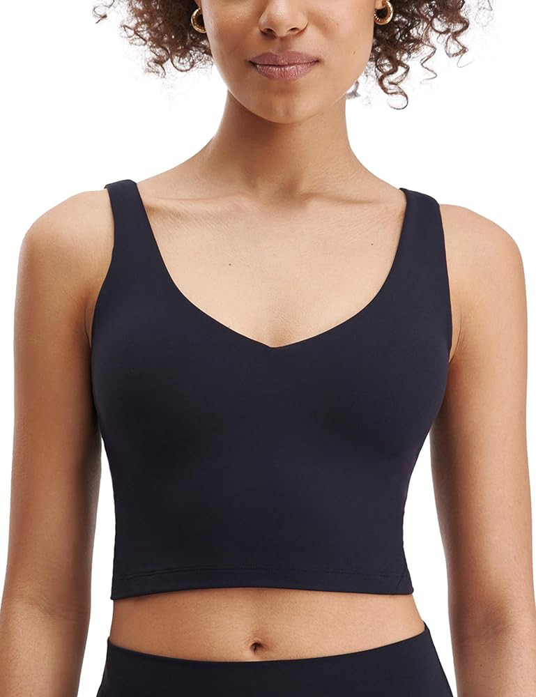 Wenamelt V Neck Longline Buttery Sports Bra for Women U Back Padded Crop Workout Yoga Tank Top with Built in Shelf Bra | Amazon (US)