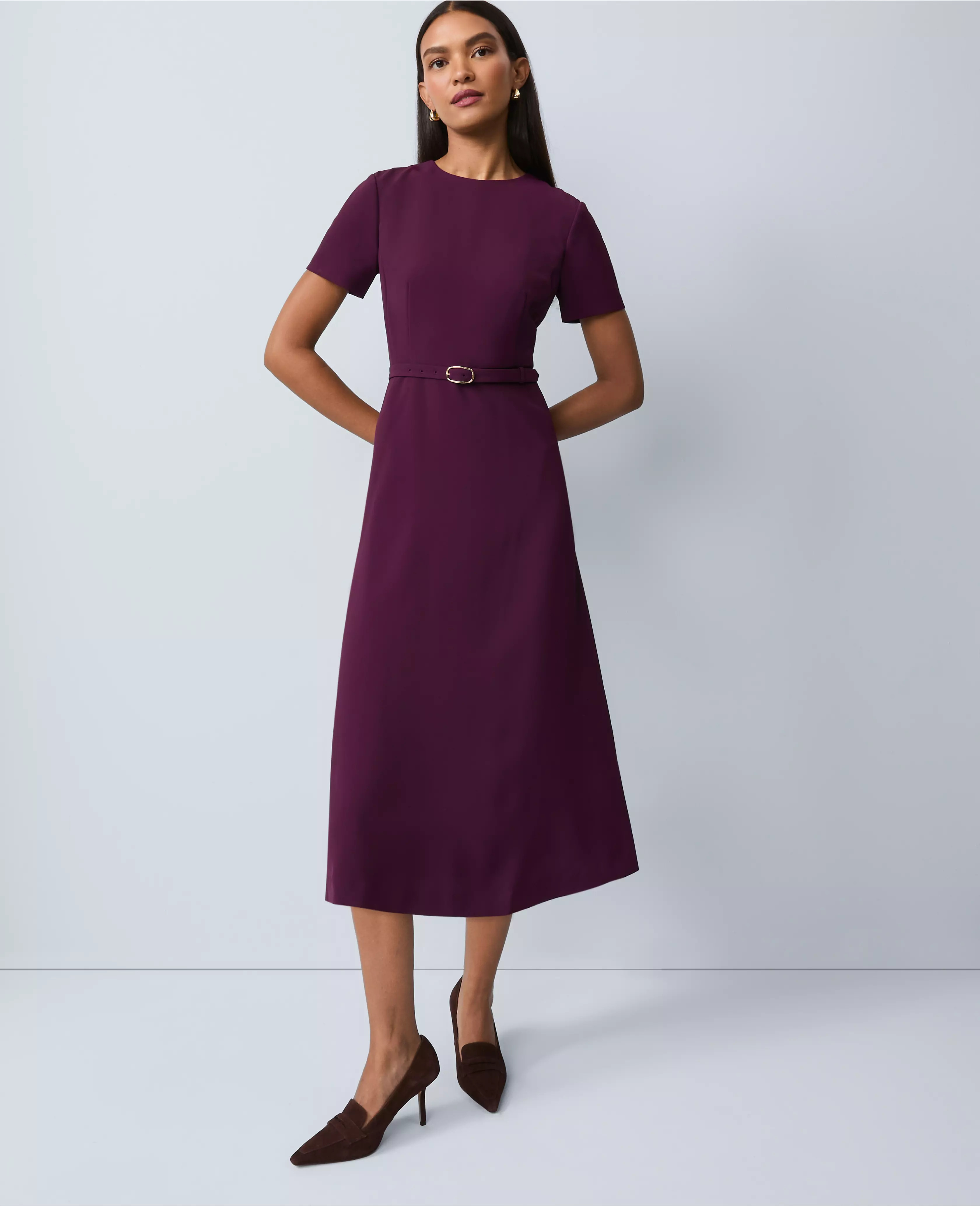 Belted Crew Neck Midi Dress | Ann Taylor