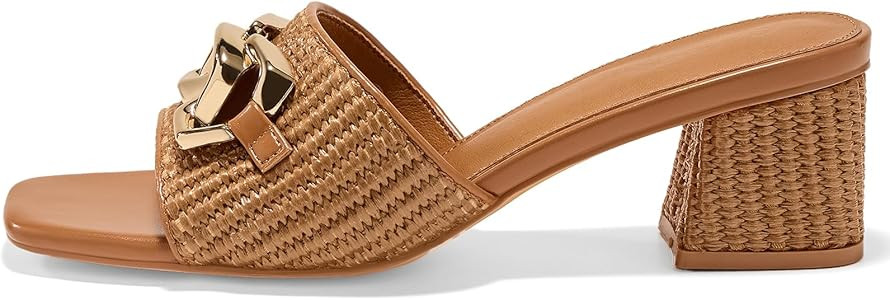 Women's Raffia Slide Sandals Square Open Toe Sandal Chunky Heeled Metal Chain Dressy Shoes | Amazon (US)