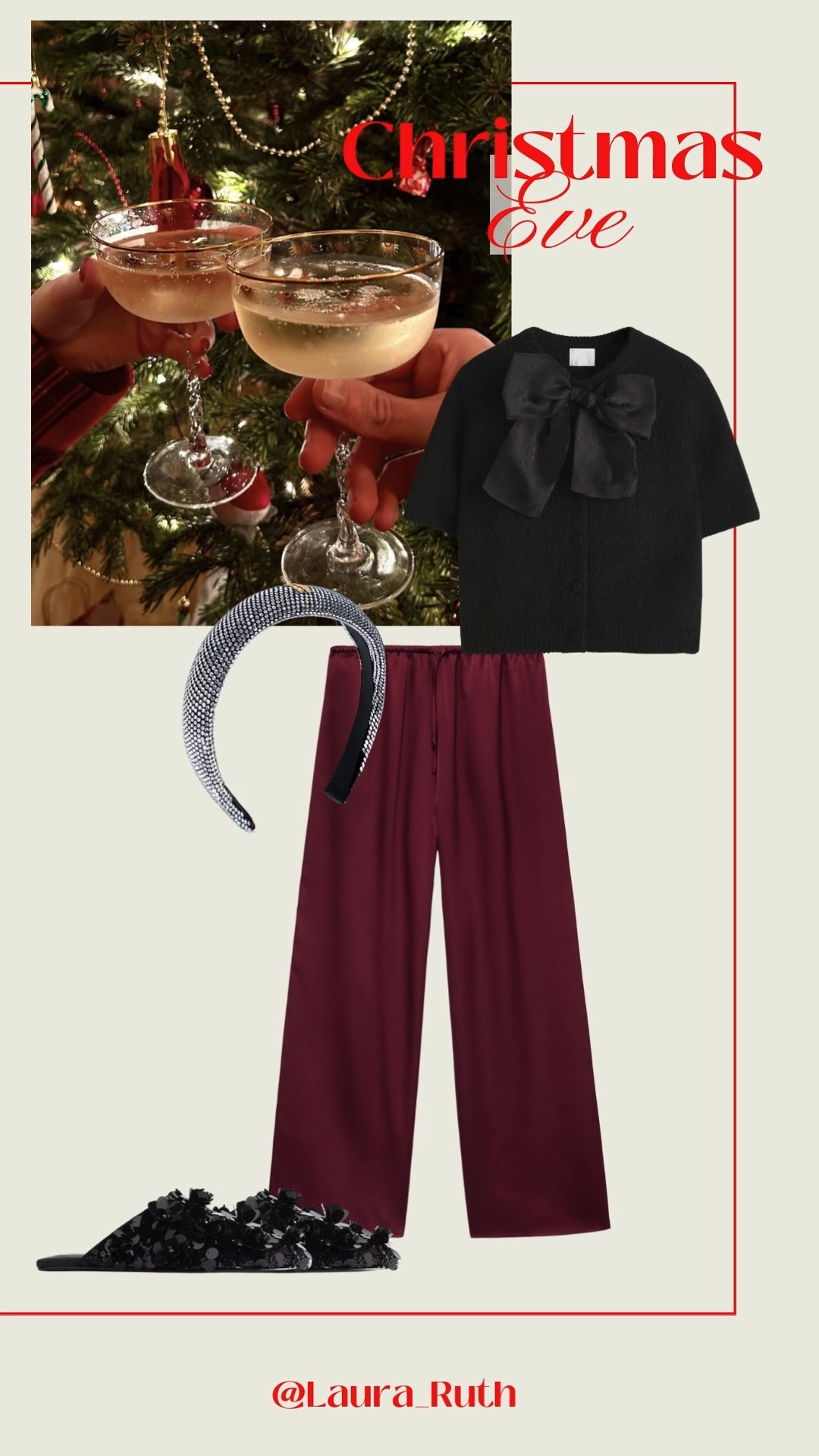 Classic and comfy Christmas Eve outfit ♥️✨🎄 Satin trousers, embellished slippers, a bow cardigan and a sparkly headband. Christmas Eve perfection toasting by the tree! 

#LTKuk #LTKpartywear #LTKfestive