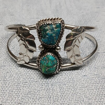 Vtg Navajo Native American 2 Stone Turquoise Sterling Silver Leaf Cuff Bracelet  | eBay | eBay US