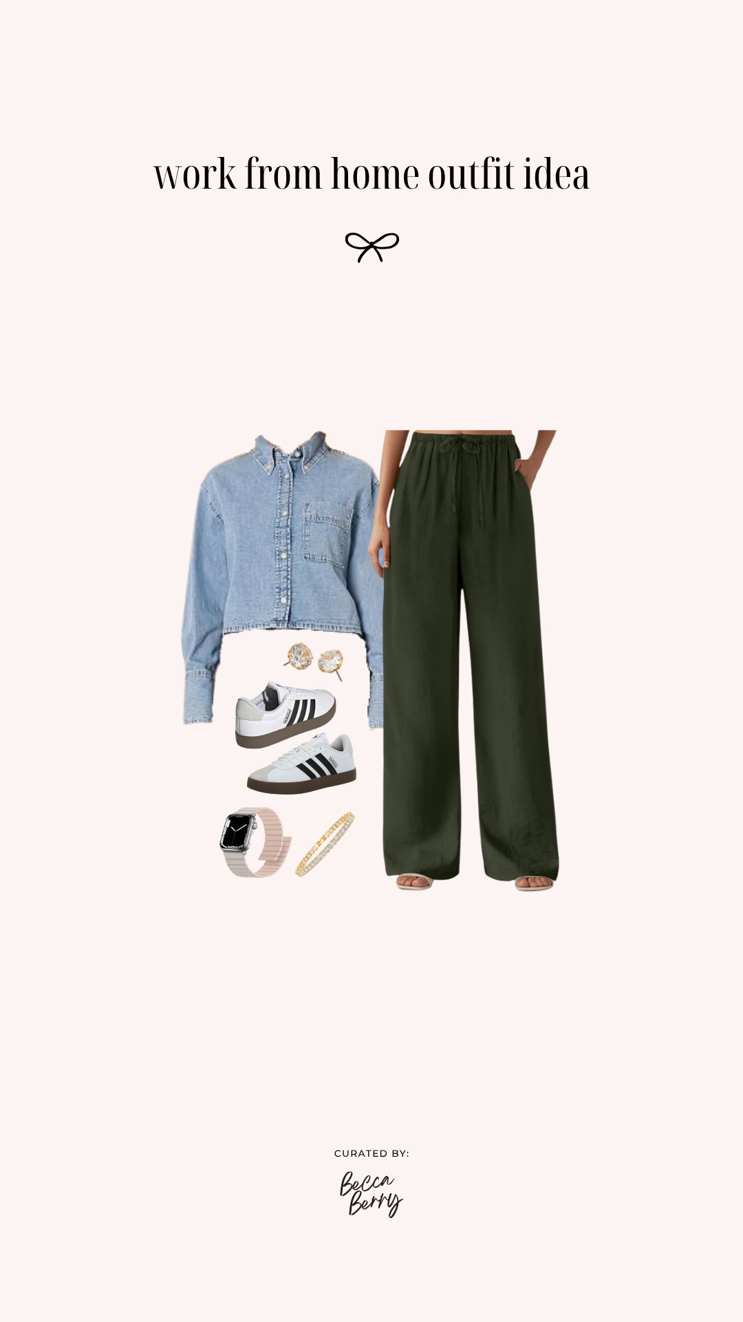 This WFH outfit is proof that comfortable wide-leg pants can absolutely look polished. 💻

I'm pairing an Amazon cropped chambray shirt with flowy wide-leg trousers in Blackish Green. I love this combination because the shorter chambray balances the volume of the wide-leg pants without needing a tuck — and the entire outfit is comfortable enough for sitting at my desk all day.
Keeping the accessories simple with Kate Spade studs, a tennis bracelet, Apple Watch and my favorite adidas sneakers.

This is exactly the kind of midsize WFH outfit I want in my rotation: comfortable at home, video-call appropriate and ready for errands or lunch without changing.

Save this one if you need another way to style wide-leg trousers. 

 #LTKootd #LTKMidsize #LTKWorkwear
