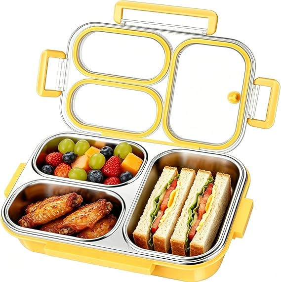 Stainless Steel Bento Box, 3-Compartment Leakproof Lunch Box, Food-Grade Metal Lunch Container wi... | Amazon (US)