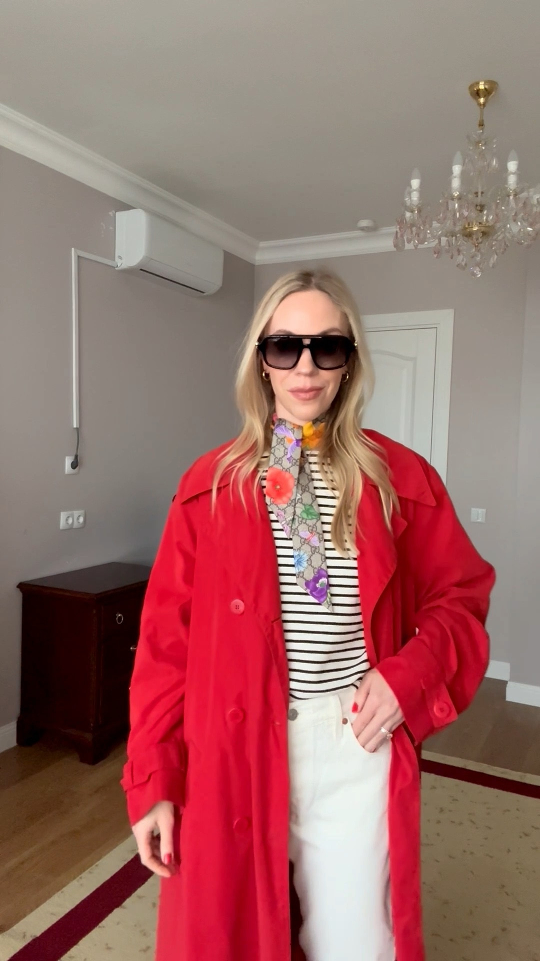 Spring outfit, Gucci aviator sunglasses, floral print silk scarf, striped top, red trench coat, Levi’s white baggy jeans

#LTKSeasonal #LTKgrwm #LTKOver40